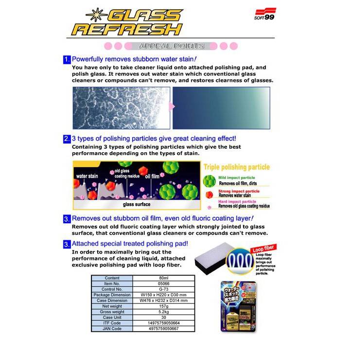 Soft 99 Glass Stain Cleaner Oil Film/Water Spots Remover (80ml)